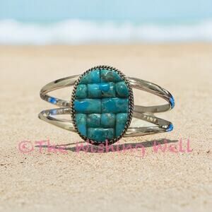 Kingman Turquoise Oval Grid Inlay Cluster Cuff Sterling Silver SZ 6-8